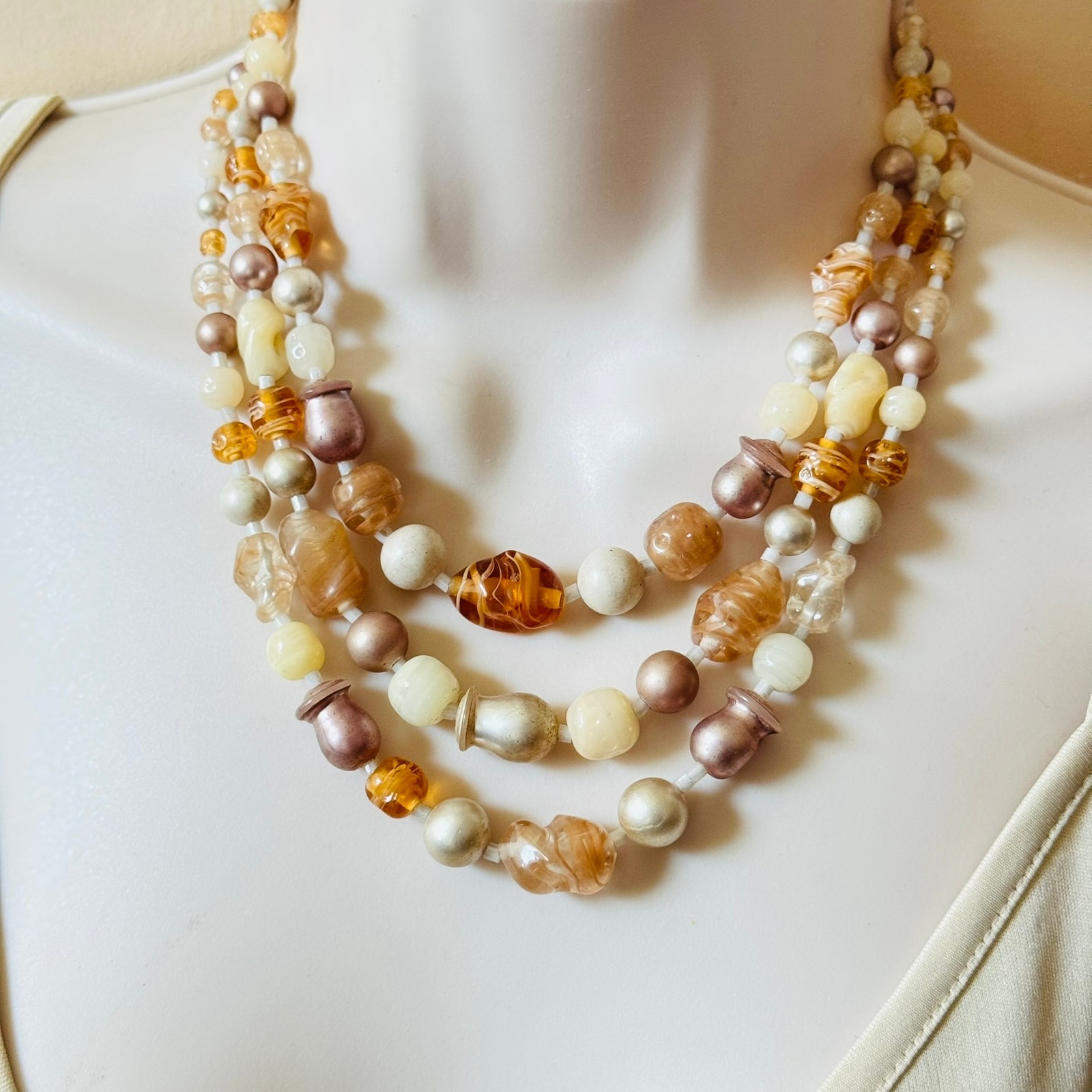 Japan Necklace Vtg Swirl Art Glass Pearl Multi Bib Beaded Triple Strand Glam 17"